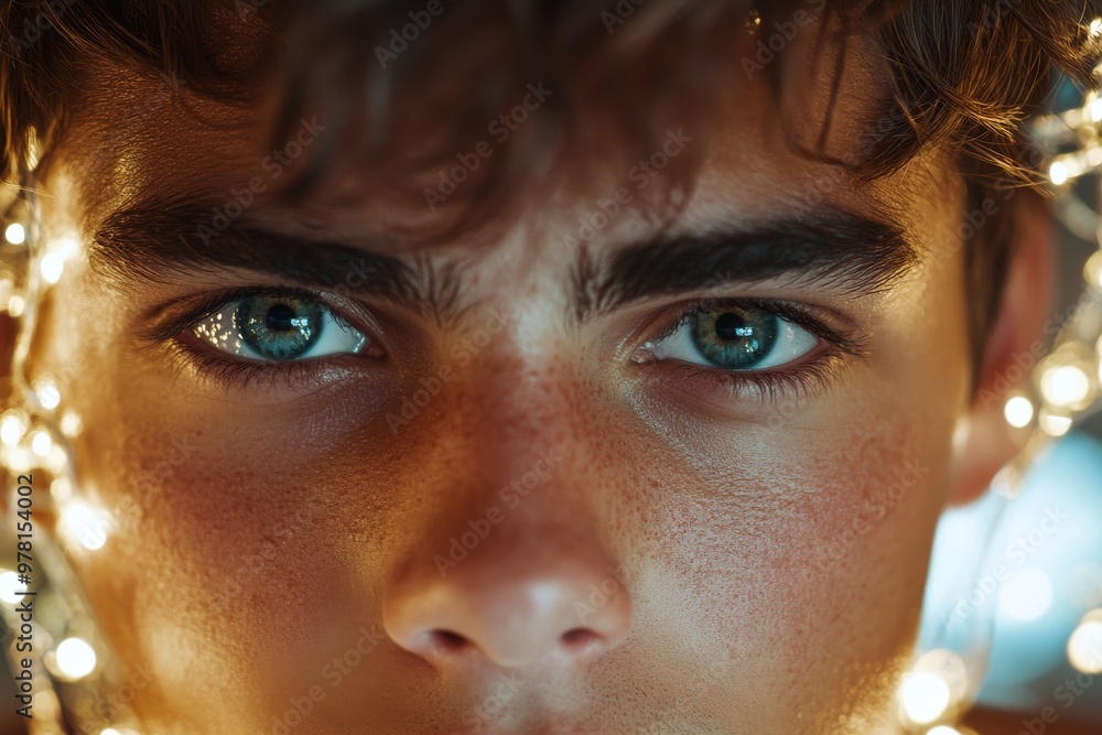Poster close up of intense stare with glowing neural lights around the face representing deep thoughts heig