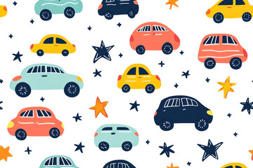 Cute Cars Seamless Pattern, Childish Cartoon background.