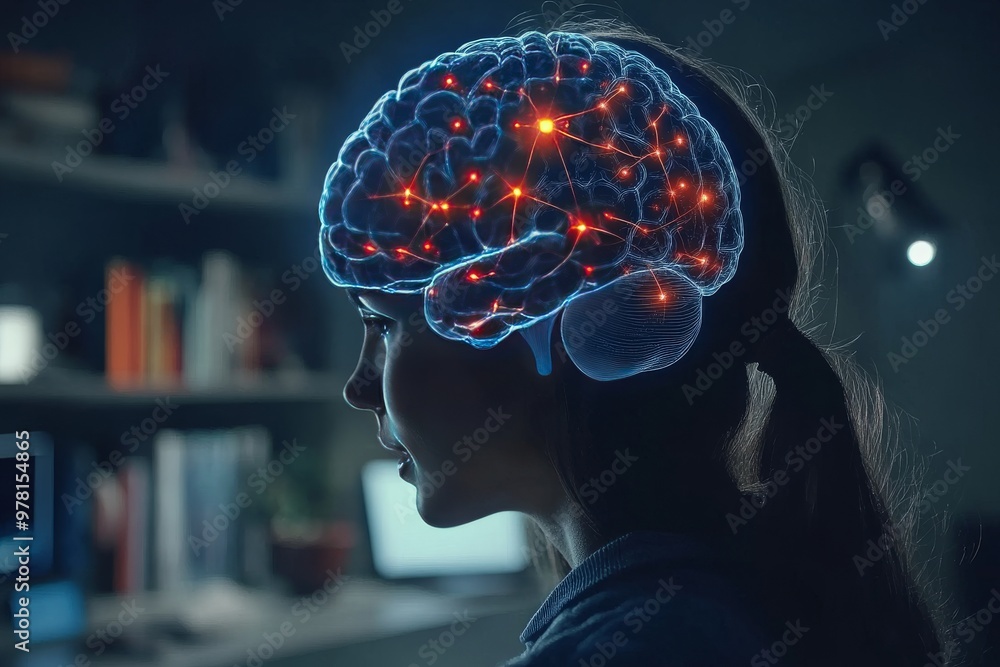 Poster side profile of woman with illuminated brain structure highlighting neurological pathways ai technol