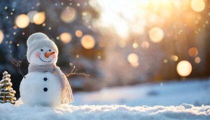 enchanting winter wonderland with a charming snowman twinkling bokeh lights and gently falling snow create a magical atmosphere capturing the joy and wonder of the holiday season