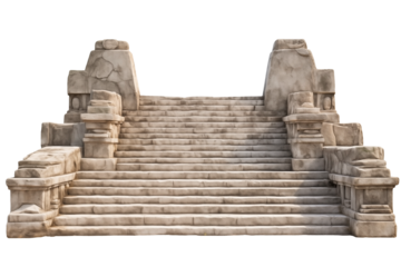Front View To an Ancient Mayan pyramid stone steps PNG isolated on white and transparent background - Mayan culture ruins Stone temple Historic staircase Ancient construction Concept