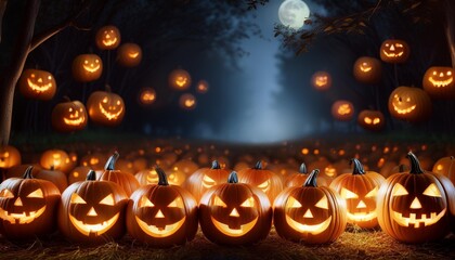 enchanted pumpkin patch with whispering jack o lanterns at night spooky halloween background with copy space selective focus and ultra hd quality