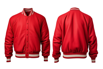 Front View and Back View to an Oversized Baseball Bomber varsity Red jacket PNG isolated on white and transparent background - Athletic Sports jacket Baseball College outerwear Street style Mockup
