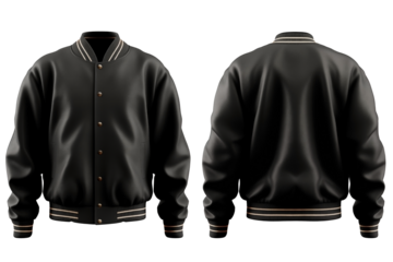 Front View and Back View to an Oversized Baseball Bomber varsity Black jacket PNG isolated on white and transparent background - Athletic Sports jacket Baseball College outerwear Street style Mockup