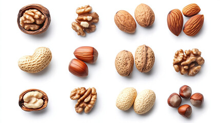 Almonds, walnuts, nuts, isolated on white background, full depth of field