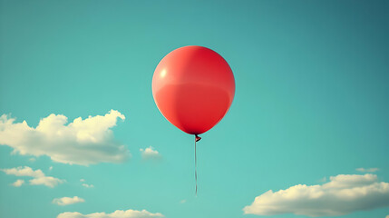 Red Balloon Floating in a Blue Sky with Clouds - Illustration