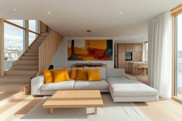 Fototapeta premium Modern living room with a cozy atmosphere and art.