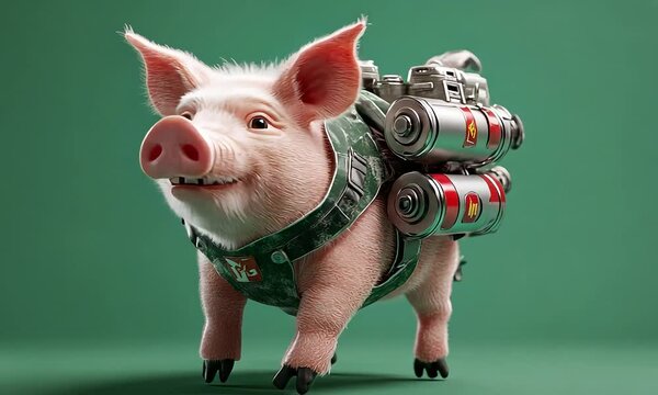 Cute Pig Wearing Futuristic Jetpack Gear green screen background with ai generated.
