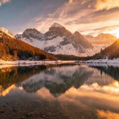 Snow-capped peaks reflected in a tranquil alpine lake during winter