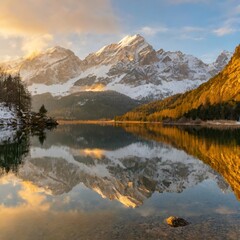 Obraz premium Snow-capped peaks reflected in a tranquil alpine lake during winter