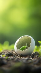 Close-up of a green caterpillar emerging from a broken eggshell on the ground with a blurred green background.