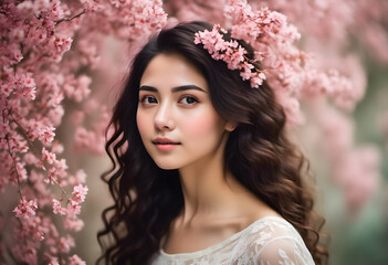 Naklejka premium A young woman with long, curly hair stands in front of blooming cherry blossom trees. She has a serene expression and is adorned with delicate pink flowers in her hair.