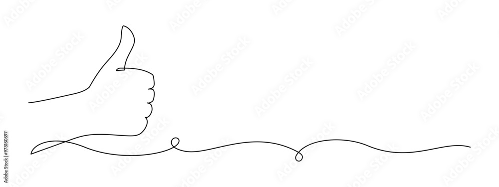 Poster Thumb up in one continuous line drawing. Hand showing like and great sign in simple linear style. Finger up symbol in editable stroke. Doodle vector illustration in web banner