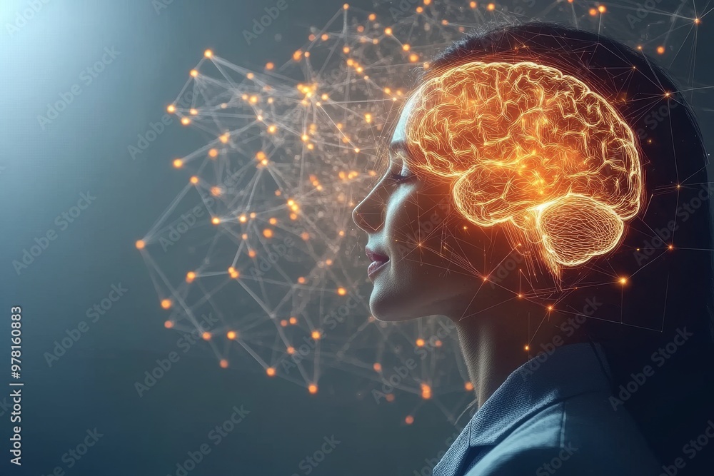 Poster side profile of woman with illuminated brain and neural network symbolizing cognitive intelligence b