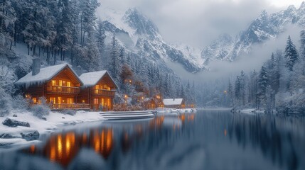 Fototapeta premium Winter Wonderland Cabin by the Lake