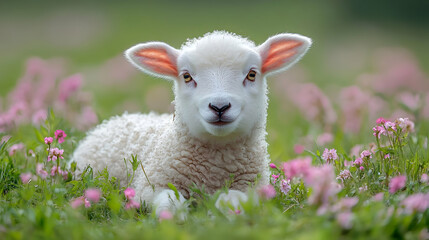 Obraz premium Cute Lamb in Field of Pink Flowers Photo