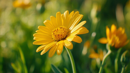 Fototapeta premium A bright yellow calendula flower in a wildflower meadow its vibrant petals glowing in the warm midday sun. The rich greenery around it adds to the cheerful natural vibe 