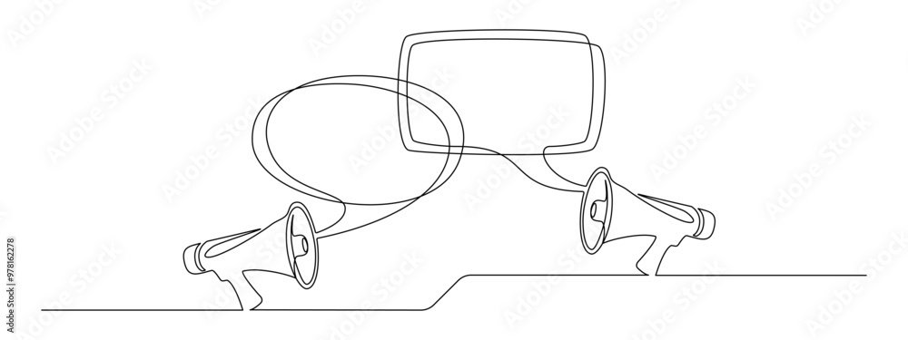 Poster one continuous line drawing of loudspeaker bullhorn with speech balloon. megaphone speaker symbol of