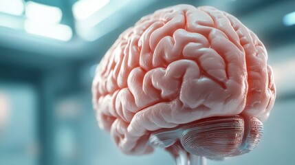 A close up of a model brain on display in an office, AI