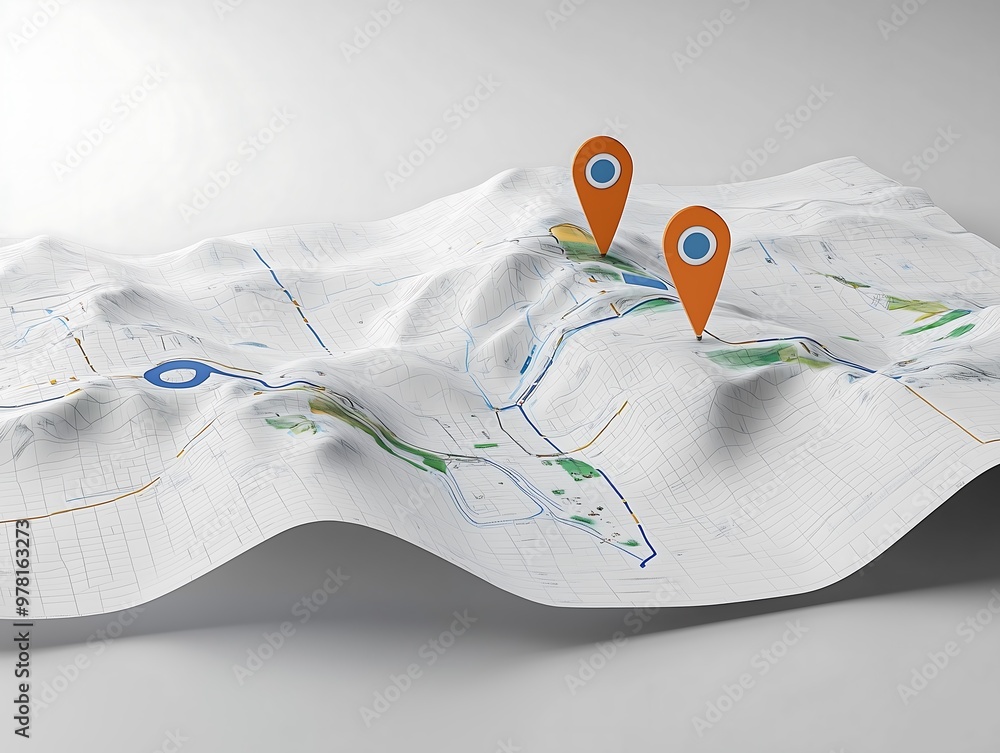 Wall mural Folded paper map with orange location markers