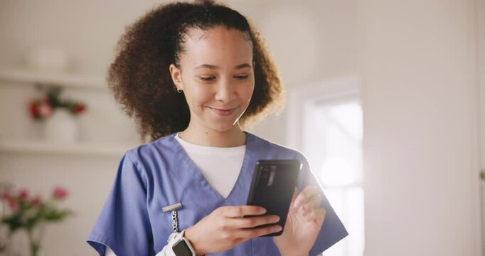 Nurse, phone and internet scroll for social media, technology or communication at hospital with happiness. Healthcare, worker and smartphone for networking, conversation or streaming web at clinic