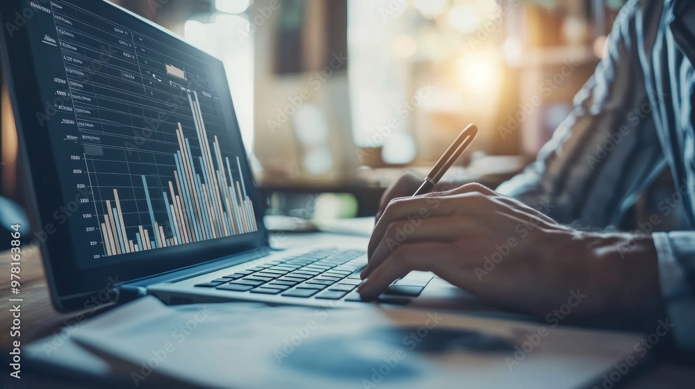 Poster businessperson analyzing data on laptop with charts and graphs