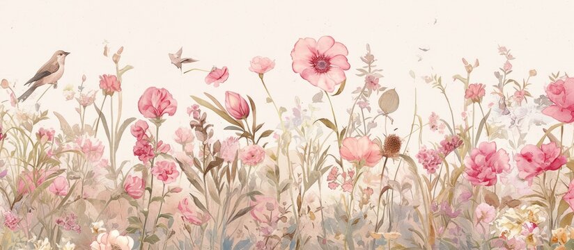 Pink Floral Wallpaper Mural watercolor artwork of various flowers vibrant garden scene featuring wildflowers hibiscus birds and trees ideal for fabric printing or tapestry designs