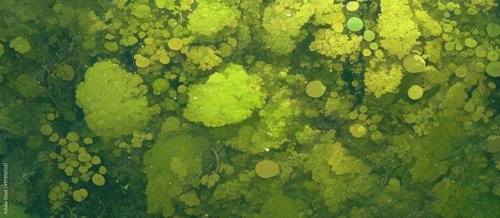 Poster close up painting of lush green moss on the ground showcasing intricate details ideal for creating a