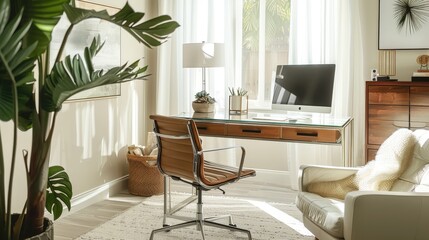 Sophisticated home office with a glass desk, contemporary chair, and elegant decor creating a stylish work environment.