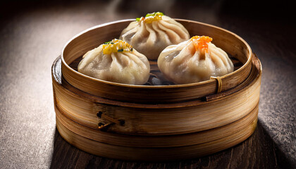 Dim Sum, Bamboo steamer filled with dumplings sits on a wooden table