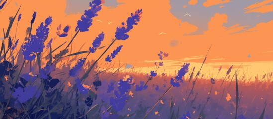 Close up painting of lavender bushes at sunset showcasing the gleam over vibrant purple flowers