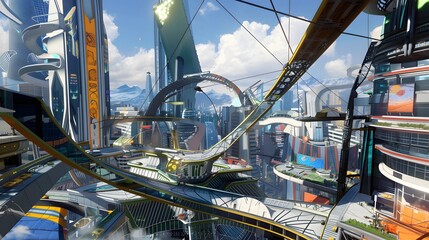 Obraz premium Bustling Futuristic Metropolis with Glass Skyscrapers, Advanced Architecture, and Floating Platforms in Vibrant Colors and High Realism