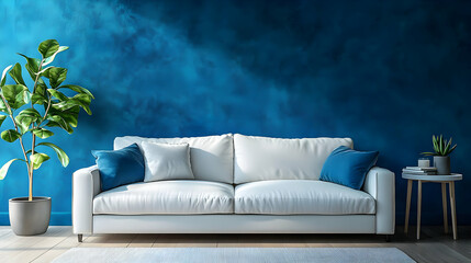 Modern Living Room with White Sofa and Blue Wall - 3D Illustration