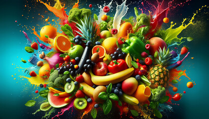 Vibrant fruits and vegetables suspended in mid-air against a dark background showcasing freshness and vitality.