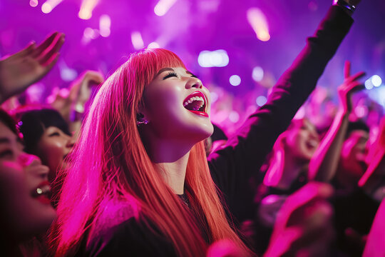 asian fan clubs  are cheering on her favorite pop singer on stage of world tour consert 