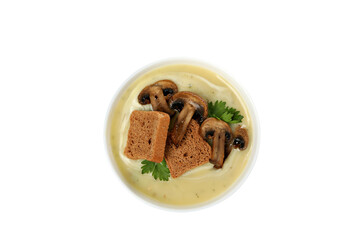 PNG, A bowl of cream of mushroom soup with bread, isolated on white background