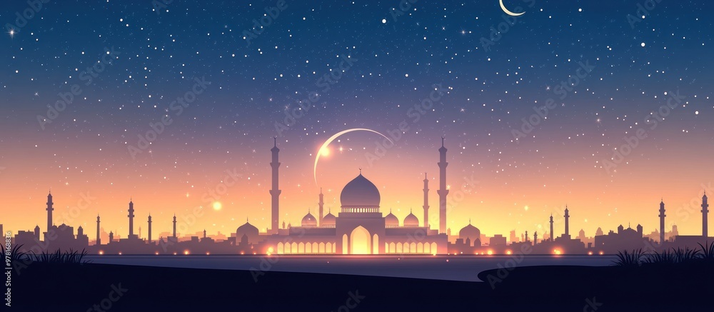 Wall mural a mosque with minarets under a starry night sky