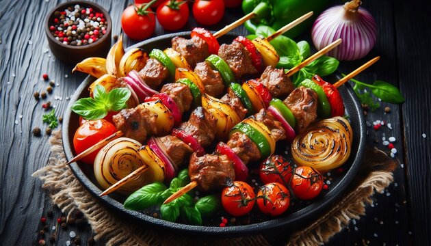 grilled meat skewers, shish kebab with vegetables