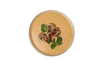PNG, A bowl of cream of mushroom soup with parsley, isolated on white background