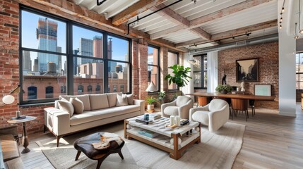 Fototapeta premium Stylish urban apartment featuring exposed brick walls, contemporary furniture, and expansive windows offering vibrant cityscape views.