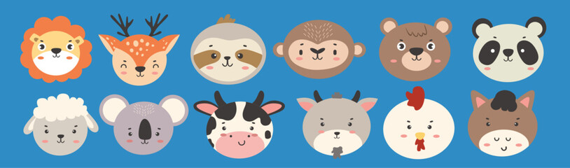 Set of animal face illustrations. Lion, deer, sloth, monkey, bear, panda, sheep, koala, cow, goat, chick, horse.
