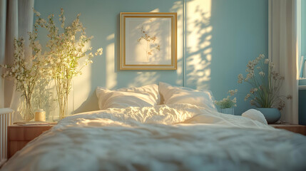 Bedroom Interior Design with White Bedding and Sunlight - 3D Illustration