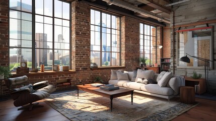 Sophisticated urban apartment with a blend of exposed brick walls, sleek modern furniture, and panoramic city views from large windows.