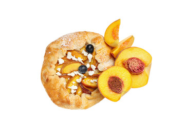PNG, Fruit galette and cut peaches, isolated on white background, top view