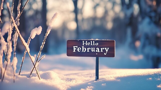 "Hello February" text design in high-resolution (8K, HD) format, perfect for wallpapers and seasonal decor, featuring a romantic and stylish font.