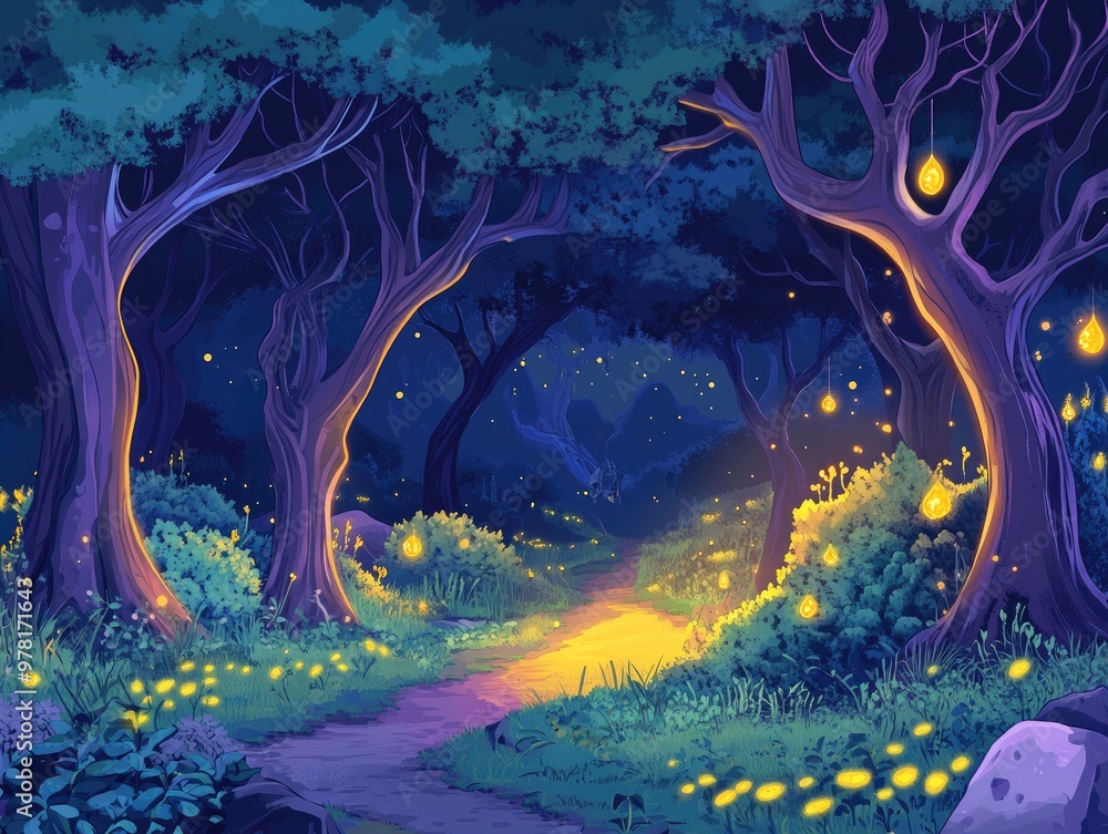 Poster mysterious night forest scene with a whimsical fantasy atmosphere featuring fields trees vines rocks