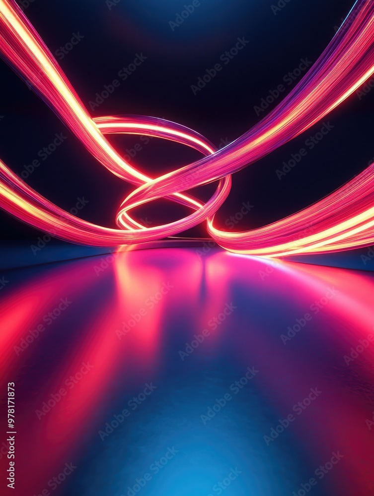 Poster abstract 3d rendering of dynamic neon lines twisting and glowing in a dark space with reflective flo