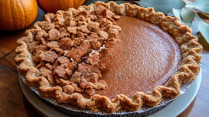 A delicious pumpkin pie, half topped with crunchy cinnamon cookies, perfect for autumn celebrations.