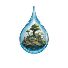 Obraz premium A stunning, highly detailed, 4K digital comic artwork depicting a water droplet containing a thriving miniature ecosystem, set against a pristine white background with a subtle 1.2 aspect ratio. The