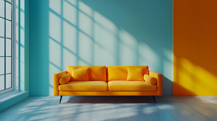 Yellow Sofa in Modern Room with Blue and Orange Walls 3D Illustration